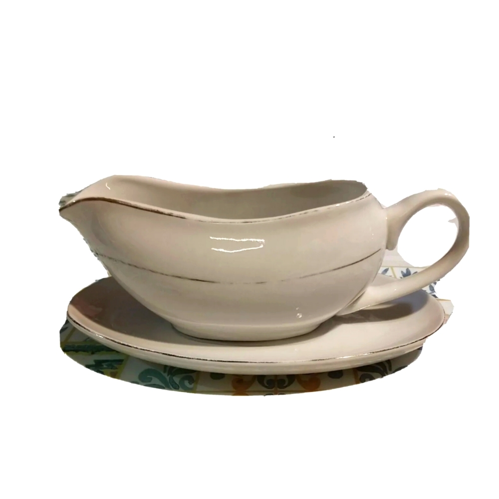 Gravy Boat & Server Plate Vintage 1998 Classic White With Gold Trim